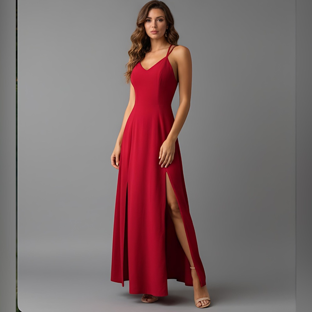 Red Burgundy Double High Slit V-Neck Maxi Dress